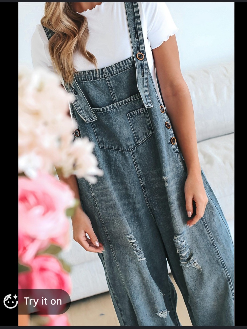 Blue Women's Distressed Denim Overalls - Picture 3 of 7